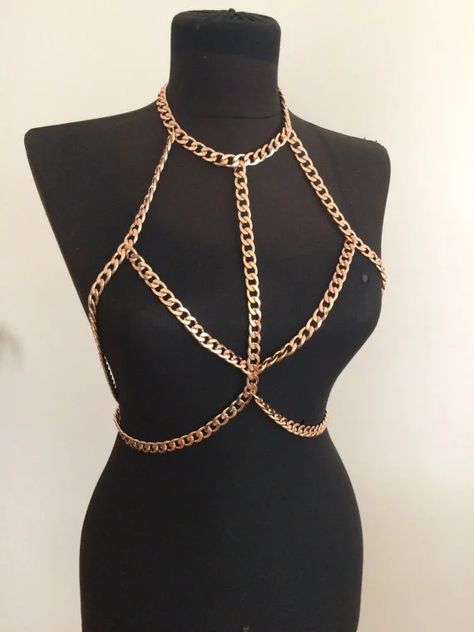 Gold Bra, Body Necklace Chain, Harness Fashion, Body Necklace, Rhinestone Bra, Chain Bra, Body Chains, Rose Gold Chain, Belly Chain