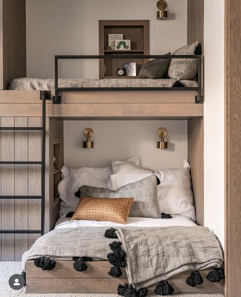 Modern Farmhouse Bunk Beds, Built In Bunk Beds Queen Bottom Twin Top, Restoration Hardware Bunk Beds, Loft Bunk Room Ideas, Barndominium Bunk Room, Mountain Master Bed, Low Ceiling Bunk Room, Boys Bunk Room Ideas, Built In Queen Bunk Beds