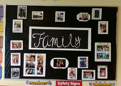 My Family wall with my little ones. 💜 Pictures Bulletin Board Ideas, Family Board Classroom, Family Boards Classroom, Bulletin Board Ideas With Pictures, Preschool Family Board, Family Picture Wall Ideas Classroom, Family Wall Preschool Display, Family Portrait Bulletin Board, Our Families Bulletin Board