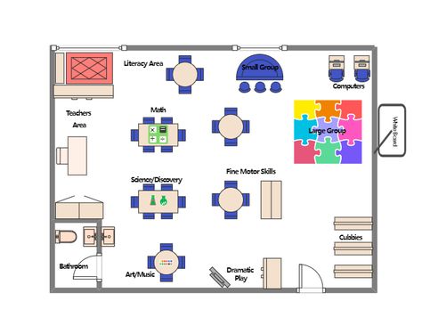 The diagram presented here is the floor plan displaying the layout of a kindergarten classroom. The classroom is divided into different sections, which are the teachers' area, computers area, bathroom, seating area, and so on. Classroom Diagram, Preschool Floor Plan, Preschool Classroom Layout Floor Plans, Elementary Classroom Layout Floor Plan, Kindergarten Layout Plan, Kindergarten Floor Plan Classroom Layout, Floor Plan Classroom, Kindergarden Floor Plans, Kindergarten Floor Plan