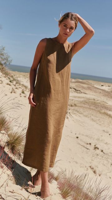 Linen Slip Dress Outfit, Brown Linen Dress, Yoga Teaching, Linen Slip Dress, Linen Outfit, Long Linen Dress, Holiday Mood, Dress Linen, Indian Designer Outfits