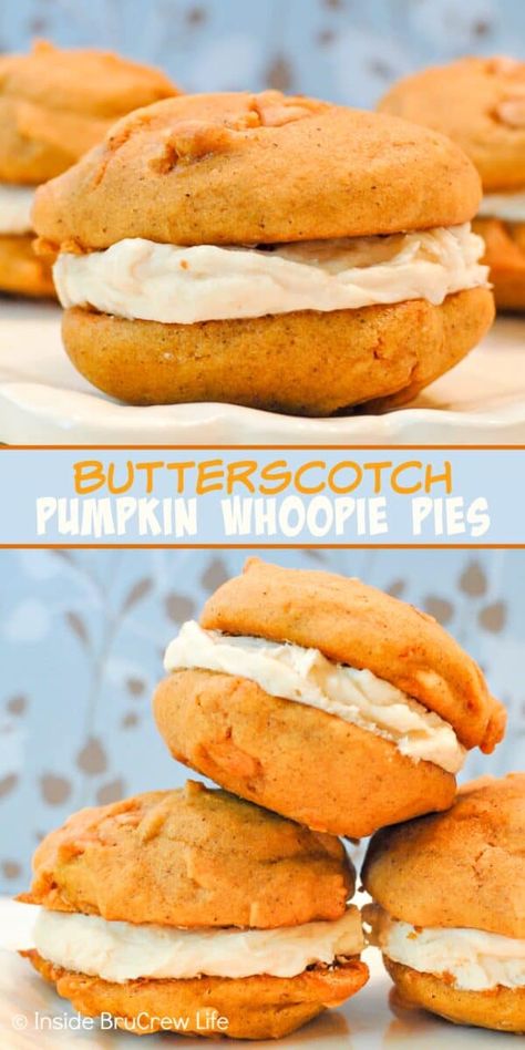 Butterscotch Pumpkin Whoopie Pies Halloween Whoopie Pies, Butterscotch Pumpkin, Whoopi Pies, Pumpkin Whoopie Pie Recipe, Whoopie Pie Filling, Pumpkin Butterscotch, Cookies Pumpkin, Salted Caramel Frosting, Whoopie Pie Recipe