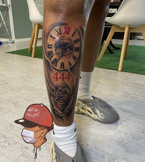 Half Calf Sleeve Tattoo, Leg Memorial Tattoo, Men Tattoos Black Guys, Calf Men Tattoo, Walk By Faith Tattoo On Leg, Medium Leg Tattoos, Above Eyebrow Tattoo For Men, Black Man Leg Tattoo, Inside Leg Tattoo Men