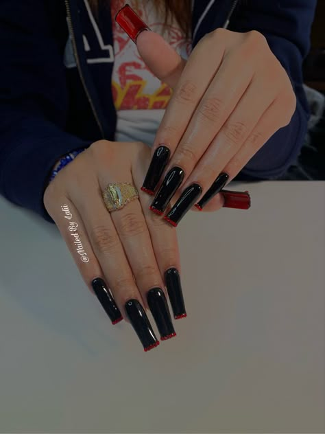 Red See Threw Nails, Black And Silver Red Bottom Nails, Black Nail Red Under, Black Nails W Red Under, Long Acrylic Nails Square Red, Glitter Red Bottom Nails, Black Nail With Red Under, Black Red Bottom Nails With Rhinestones, Loubiton Nails