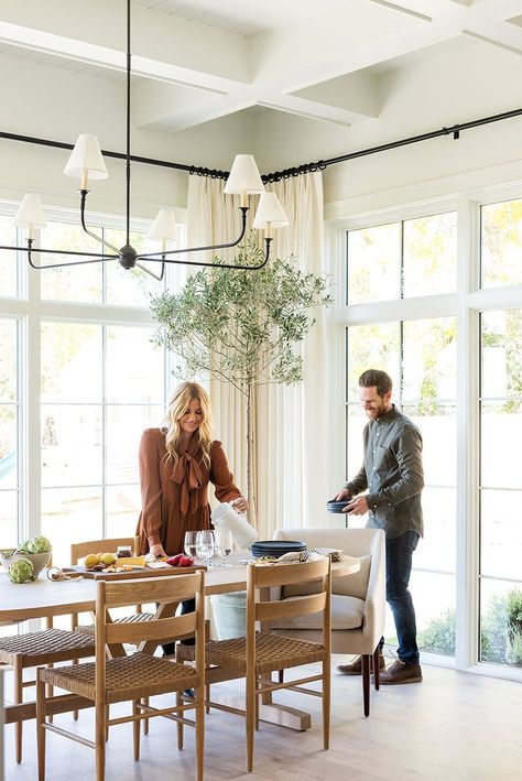 Big Window Dining Room, Studio Mcgee Ceiling Lights, Dining Room With View, Dining Room With Large Window, Dining Room With Big Windows, Studio Mcgee Dining, Lake House Living, Sunroom Dining, Modern Lake House