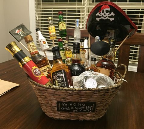 Pirate themed liquor basket Pirate Theme Gift Basket, Rum Gift Basket Ideas, Alcohol Basket Ideas For Raffle, Liquor Basket, You've Been Boozed, Alcohol Gift Baskets, Auction Gift Basket Ideas, Community Service Ideas, Theme Baskets