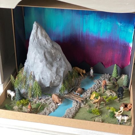 Coyote Habitat Diorama, Biome Projects Middle School, Mountain Habitat Project, Diorama Mountain Ideas, Nature Diorama Ideas, Alpine Tundra Biome Project, Mountain Diaroma, Temperate Forest Diorama, Wolf Diaroma