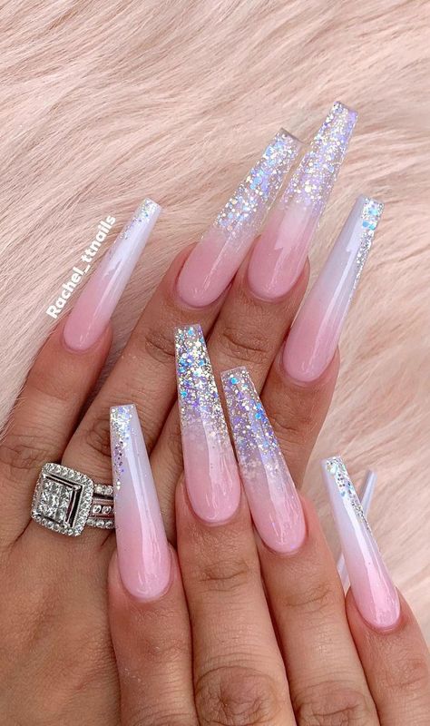 48. Ombre Pink & Glitter Nails Give everyone nail envy with this idea! These nails are sparkly, elegant and will make you stand out... Sparkly Acrylic Nails, Stylish Nail Art, Glitter Nails Acrylic, Pink Glitter Nails, Pink Ombre Nails, Long Acrylic Nail Designs, Ombre Nails Glitter, Ombre Acrylic Nails, Ombre Pink