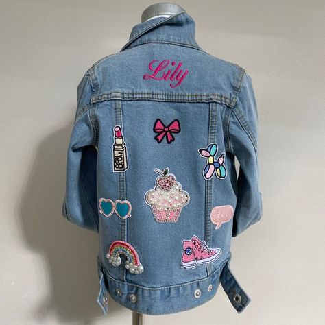 Personalised and Customised Children's Denim jacket with patches and name embroidery Denim Jacket With Patches, Jacket With Patches, Kids Denim Jacket, Denim Colour, Denim Jacket Patches, Name Embroidery, Kids Denim, Colored Denim, Denim Jackets