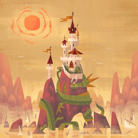 Princess And Dragon Illustration, Princess Castle Illustration, Castles Illustration, Knights Illustration, Dragon And Princess, Illustration Castle, Princess And Dragon, Dragon And Castle, Cute Castle