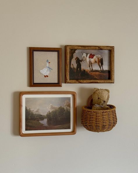 at home Vintage Gallery Wall Nursery, Gallery Wall Above Crib, Thrifted Baby Nursery, Gender Neutral Vintage Nursery, Thrifted Bedroom Aesthetic, Gallery Wall Above Dresser, Vintage Nursery Art, Vintage Boy Nursery Ideas, Vintage Gender Neutral Nursery