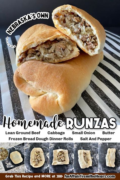 Runzas on a black and white napkin. One cut in half so you can see the inside. Homemade Runzas, Homemade Runza, Runzas Recipe, Runza Recipe, Frozen Bread Dough Recipes, Bierocks Recipe, Roll Dough Recipe, Frozen Dinner Rolls, Ground Beef And Cabbage