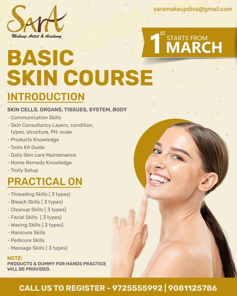 Sara Makeup Artist & Academy introduces Basic Hair Course and Basic Skin Course starting from 1st March. Limited seats available. Hurry Up.. 
DM for more information.

📞 +91 9725555992

#SaraMakeupDiva #SaraMakeupArtist #booknow #basicskincourse #basichaircourse #beautycourses #limitedseats #beautyacademy Hair Course Poster, Night Rituals, Korean Cosmetics Skin Care, Beauty Salon Marketing, Beautician Course, Makeup Artist Course, Salon Offers, Hair Academy, Best Night Cream