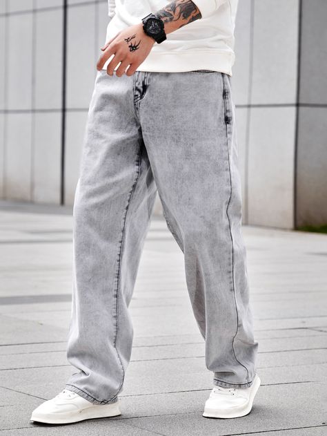 Light Grey  Collar  Denim Plain Loose Embellished Non-Stretch  Men Denim Light Grey Jeans Outfit Men, Grey Jeans Outfit Men, Light Grey Jeans Outfit, Light Grey Jeans, Grey Jeans Outfit, Jeans Pants Outfit, Grey Jeans Men, Outfit Hombre, Jeans Outfit Men