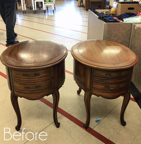 French Provincial End Tables, French Provincial Dining Room, Painted Furniture Cabinets, End Table Makeover, Habitat Restore, Side Table Makeover, French Provincial Furniture, Refinishing Furniture Diy, Antique Side Table