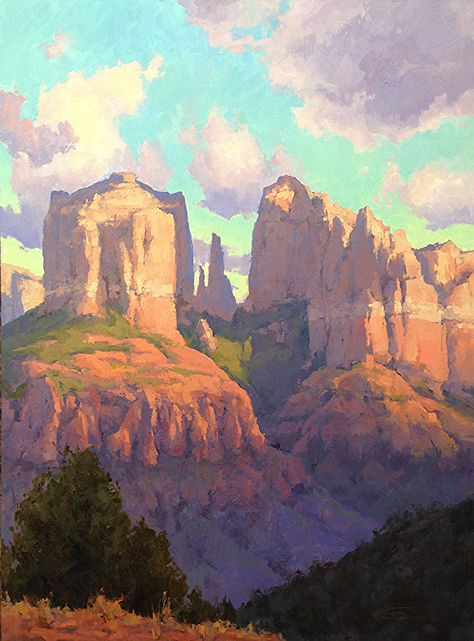 Cathedral Rock Sunset by Melanie Thompson Oil ~ 24 x 18 Southwest Art Paintings, Desert Landscape Painting, Cathedral Rock, Favorite Paintings, Western Landscape, Southwestern Art, Desert Art, Desert Painting, Southwest Art