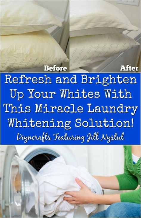 I always have struggled to wash my whites and keep them white. Over time they all turn yellow, and then they start to look old and just sort of dodgy all around. Nowhere is this problem worse than with pillows. I guess that makes sense; you sweat on them and they get all gross. Trying to turn them white again seems impossible, even with the most expensive whitening agents from the store. How To Get Whites White Again Laundry, Get Whites White Again Laundry, Dingy Whites Brighten, How To Get Whites White Again, How To Whiten Clothes, Remove Sweat Stains, Dingy Whites, Brighten Whites, Clothes Tips