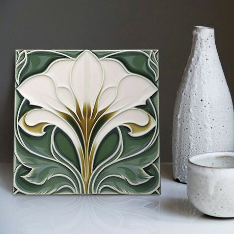 Calla Lily Green Floral Wall Decor Art Nouveau Ceramic Tile | Zazzle Lily Blue, Art Nouveau Interior, Art Deco Tiles, Art Nouveau Tiles, Art Deco Floral, Vintage Tile, Art Nouveau Design, Floral Wall Decor, Crafts Beautiful