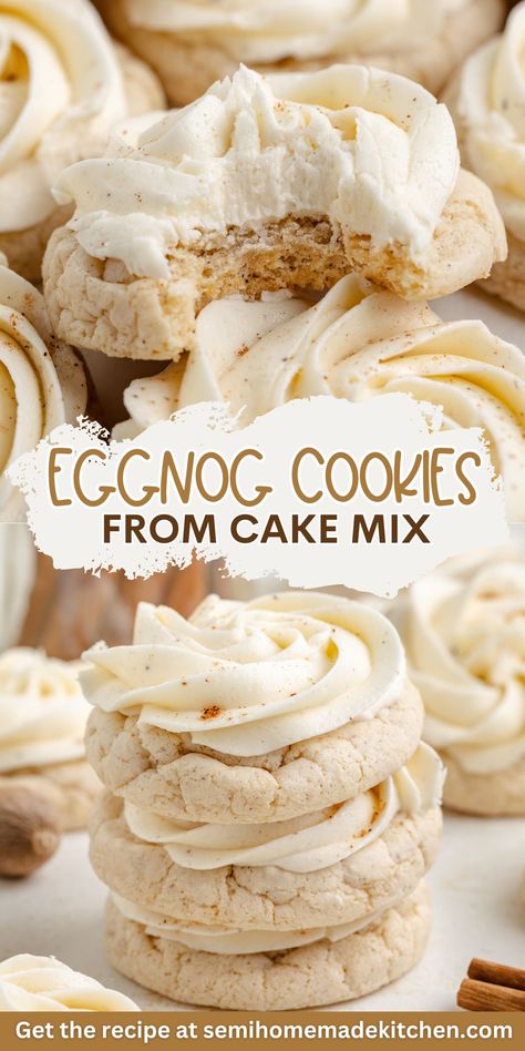 These soft and chewy eggnog cookies are an easy holiday treat made with cake mix. Topped with a rich eggnog buttercream, they're the perfect way to enjoy festive flavors without spending hours in the kitchen. Gf Cake, Eggnog Cake, Eggnog Cookies, Cookies Holiday, Cake Mixes, Cake Mix Cookie Recipes, Cookies Cake, Egg Nog, Cake Mix Recipes