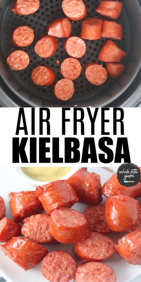 Polish sausage in the air fryer Pinterest pin image Kielbasa Recipes Air Fryer, Air Fryer Kielbasa, Turkey Kielbasa Recipes, Polish Sausage Recipes, Turkey Kielbasa, How To Cook Kielbasa, Kielbasa Recipes, Recipes Air Fryer, Air Fryer Cooking Times