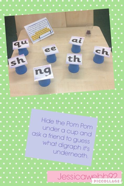 Hide a Pom Pom under a cup and guess which digraph it is under. EYFS Teaching Blends, Phase 3 Phonics, Phonics Display, Phonics Interventions, Reception Class, Eyfs Activities, Writing Area, English Phonics, Phonics Lessons