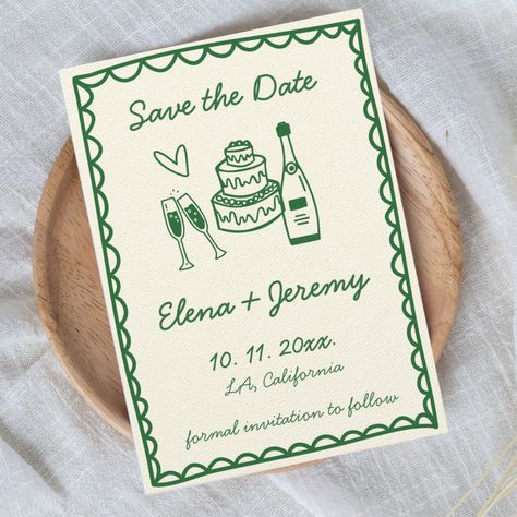 Hand Illustrated Vintage Colorful Green Wedding Save The Date Green Wedding Save The Date, Sabe The Date, Hand Drawn Wedding, Save The Date Designs, Save The Date Card, Whimsical Wedding, Wedding Save The Date, Wedding Mood Board, Save The Date Invitations