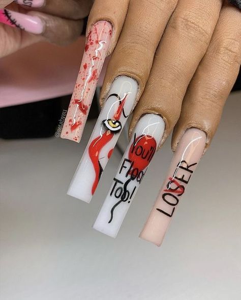 Scary Nails, Horror Nails, Nail Art Halloween, Holloween Nails, Halloween Acrylic Nails, Red Acrylic Nails, Long Acrylic Nail Designs, Duck Nails, Drip Nails