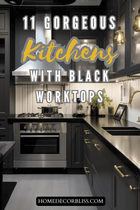 Enhance your culinary space with our gallery of gorgeous black kitchen worktops. Find the perfect design inspiration for a sleek and modern look. Black Countertops Black Cabinets, Black Worktop Kitchen Ideas, Black Kitchen Cabinets Black Countertops, Modern Kitchen Black Countertop, Black Worktop Kitchen, Kitchens With Black Countertops, Kitchen Black Countertop, Black Kitchen Countertops, Modern Black Kitchen