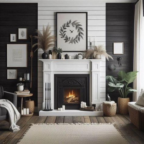 20+ Black Shiplap Fireplace Ideas That Blend Warmth And Style - My Besuited Home Shiplap On Fireplace Wall, Black Stained Shiplap, Charcoal Shiplap Fireplace, Black Built In Bookcase Fireplace, White Fireplace With Black Built Ins, White And Black Fireplace Ideas, Black Wall White Fireplace, Shiplap Around Fireplace, Black And White Fireplace