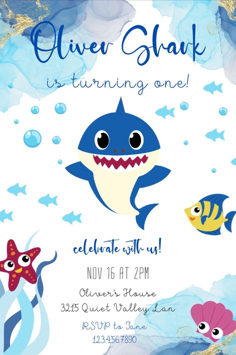 Shark Birthday Party Invitation, Shark Birthday Invitation, Second Birthday Boys, Shark Birthday Invitations, Baby Shark Birthday, Shark Birthday Party, Shark Party, Boy Birthday Invitations, Birthday Card Template