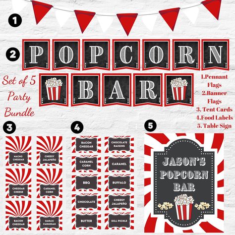 Build Your Own POPCORN Food Bar Banner Flag + Personalized Table Sign + Food Tent Card + Food Label, DIY Party Setup, Custom File in 24 Hrs by LeoraPrintAtelier on Etsy Zebra Popcorn, Popcorn Station, Popcorn Bar Sign, Bar Banner, Buffet Cards, White Cheddar Popcorn, Buffet Signs, Decoration Buffet, Buffet Table Decor