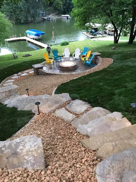 Hill Walkway, Fire Pit Ideas Backyard Hillside, River Property Landscaping, River Lot Ideas, Deck On Hill, Riverfront Landscape Design, River Front Landscaping, Lake House Landscaping Ideas Backyard, River Property Ideas