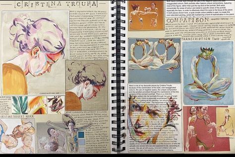 Artist Analysis Sketchbook, Gcse Ideas Page, Art Gallery Sketchbook Page, Art Gcse Experiment Pages, Ib Art Process Portfolio, A Level Sketchbook Layout, Artist Research Sketchbook, Sketchbook Page Layout, Alevel Art Sketch Book