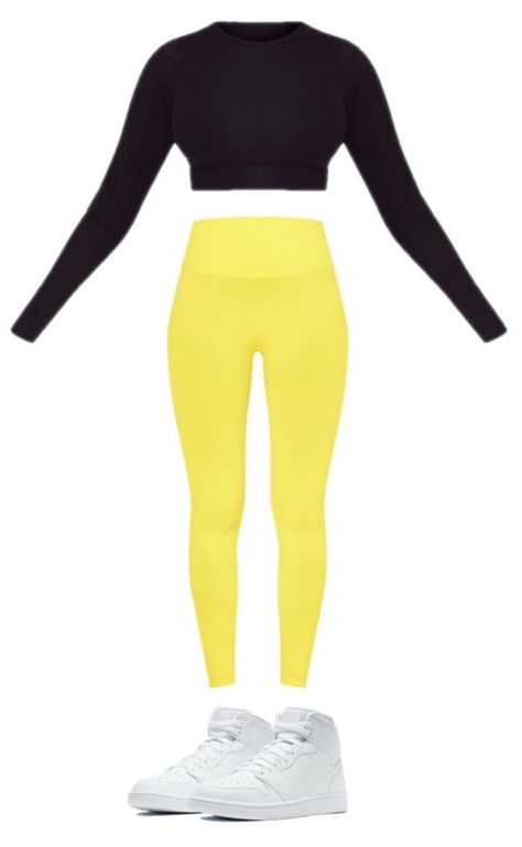 Black long sleeve top and yellow leggings both from Pretty Little Thing. White sneakers. Yellow Leggings Outfit Workout, Yellow Workout Outfit, Yellow Leggings Outfit, Yellow Gym Outfit, Yellow Sporty Leggings For Gym, Baddie Workout, Fitted Yellow Leggings For Sports, Casual Yellow Sports Leggings, Yellow Fitted Sporty Leggings