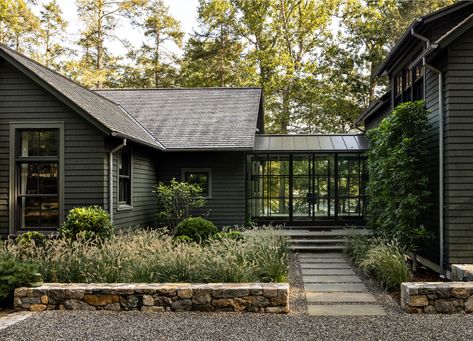 Lake House NY | Platt Dana Architects | Archinect A Frame Ranch House, Lake House Back Porch, Cabin On Slope, Lake House Garage, Lake House Floor Plan, House On Hillside, Modern Rustic Lake House, Lake House Exterior, Vermont Cabin