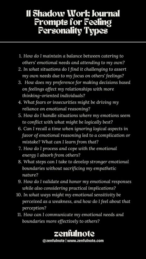 For individuals with a feeling personality type, who prioritize emotions and values in their decision-making processes, shadow work can help explore the depth of their emotional world, enhance emotional intelligence, and balance their empathetic nature with self-care. For feeling personality types, these questions aim to cultivate a deeper understanding and acceptance of your emotional nature while finding ways to maintain emotional health and balanced decision-making. Letter To My Sister, Shadow Work Journal Prompts, Work Journal Prompts, Shadow Work Spiritual, Shadow Work Journal, Healing Journaling, New Moon Rituals, Work Journal, Getting To Know Someone