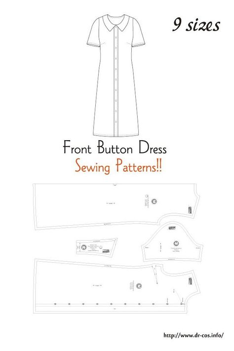 Button Dress Pattern, House Dress Pattern, Pattern Free Sewing, Front Button Dress, Dress Pattern Free, Clothing Pattern Design, Simple Dress Pattern, Bodice Pattern, Summer Sewing