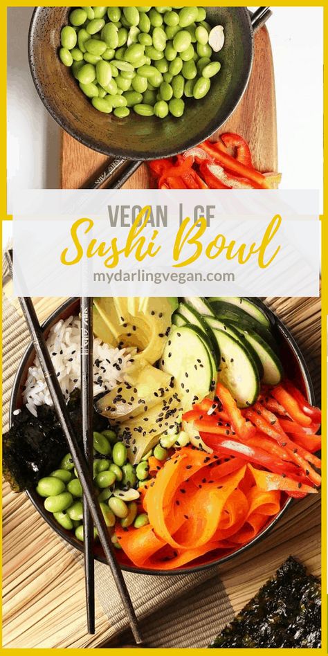 This vegan sushi bowl is made with quick pickled carrots and cucumbers, avocado, and edamame, all tossed in sesame soy dressing and served over rice. Made in just 30 minutes for a delicious vegan and gluten-free meal. Pickled Carrots And Cucumbers, Vegan Sushi Bowl, Quick Pickled Carrots, Carrots And Cucumbers, Soy Dressing, Hclf Vegan, Quick Pickled, Pickled Carrots, Vegan Sushi