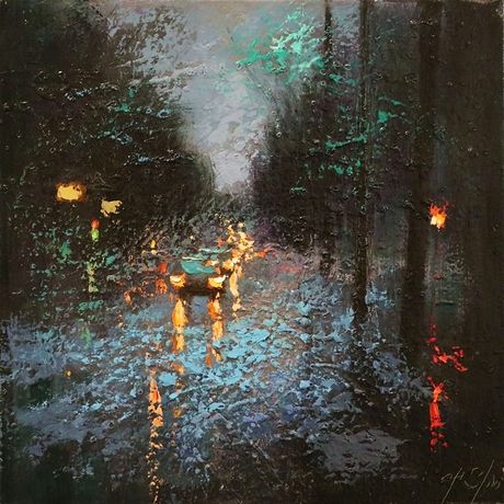 Traveling on Rainy by Chin H Shin, Oil, 18 x 18 x 1.5 Oil Painting Supplies, Oil Painting Techniques, Oil Painting Texture, Cityscape Painting, Photorealism, Online Painting, Abstract Painting Acrylic, Oil Painting Landscape, Urban Landscape