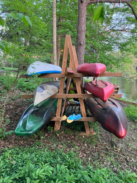 Super simple rack! A-Frame from 4X6’s and racks are 2X4’s. Very strong and stable with room for paddles in the middle. A Frame Kayak Rack, Diy Paddle Board Rack, Board Rack Diy, Diy Kayak Storage Rack, Lake Storage, Kayak Hacks, Kayak Rack Diy, Diy Kayak Storage, Boat Rack