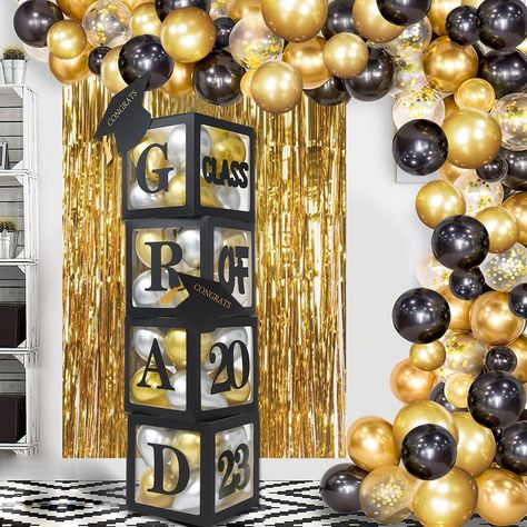 Graduation Party Balloons, Black Graduation Party, Balloon Boxes, Graduation Box, Cap Graduation, Gold Graduation Party, Black And Gold Balloons, Graduation Party Diy, Black Graduation