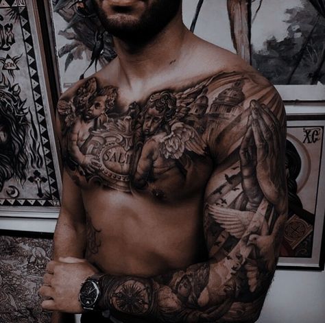 Full Upper Body Tattoo, Mens Full Chest Tattoo, Chest Piece Tattoo Design, Upper Body Tattoo, Half Chest Tattoo, Best Chest Tattoos For Men, Chest Piece Tattoo, Best Chest Tattoos, Chest Tattoos For Men