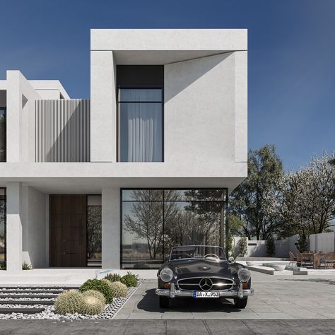 EXTERIOR VILLA on Behance Side Facade Design, Small Villa Exterior Design, Small Villa Exterior, White Villa Exterior, Minimalist Villa Exterior, Ultra Modern Homes Exterior, Villa Modern Exterior, Villa Facade Design Modern, Minimalist Exterior House Design