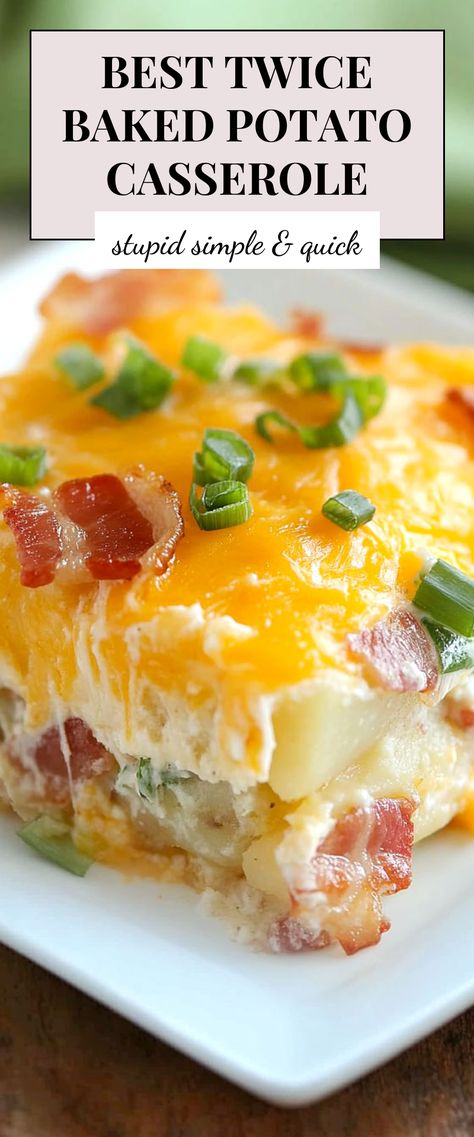 Image for Twice Baked Potato Casserole Twice Baked Potato Casserole Recipe Best, Patotoes Recipes Cooking, Potato Casserole Recipes For Dinner, Baked Potato Recipes Stuffed, Potato Casserole With Hashbrowns, Potato And Cheese Casserole, Party Potatoes Recipe, Best Potato Casserole, Twice Baked Potato Casserole Recipe