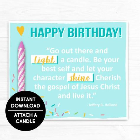 Candle Gift Tag, Relief Society Birthday Gifts, Long Birthday Candles, Candle Gift Tags, Relief Society Gifts, Birthday Gift Tags Printable, Relief Society Birthday, Relief Society Activities, Homemade Birthday Cards