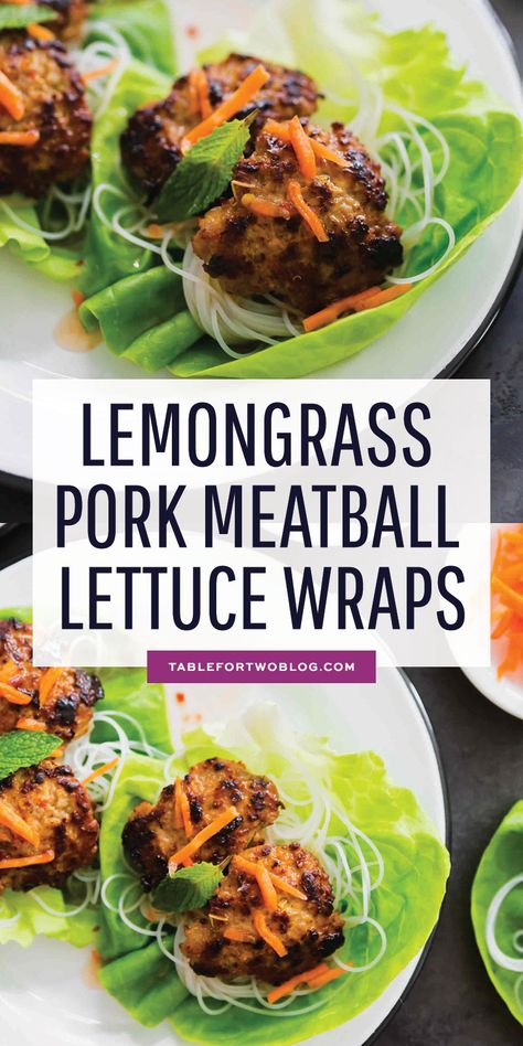 These lemongrass pork meatballs served in crisp lettuce cups will be a delicious addition to your dinner menu or even served as an appetizer! #lettucewraps #lemongrass #porkmeatballs #meatballs #vietnamesefood Lemon Grass Meatballs, Meatball Lettuce Wraps, Lemongrass Pork, Pork Meatball, Pork Slow Cooker, Calories In Vegetables, Pork Wraps, Recipes Using Ground Beef, Vietnamese Pork