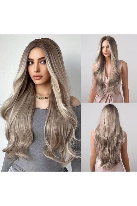 BERON Blonde Wig Long Wavy Wig Platinum Blonde Mix Brown Wig with Dark Roots for Women Mix Platinum Blonde Wig Long Wig Charming Full Wigs for Daily or Party Wig Cap Included Curly Middle Part, Highlight Dark, Black Hair Wigs, Long Curly Wig, Pink Wig, Black Wig, Brown Wig, Brown Ombre, Dark Roots