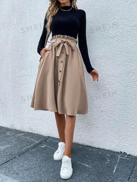 Cute Modest Outfits, Rock Outfit, Midi Flare Skirt, Brown Skirt, Modest Skirts, Spring Skirts, Modest Clothing, Skirt Belt, Modest Fashion Outfits