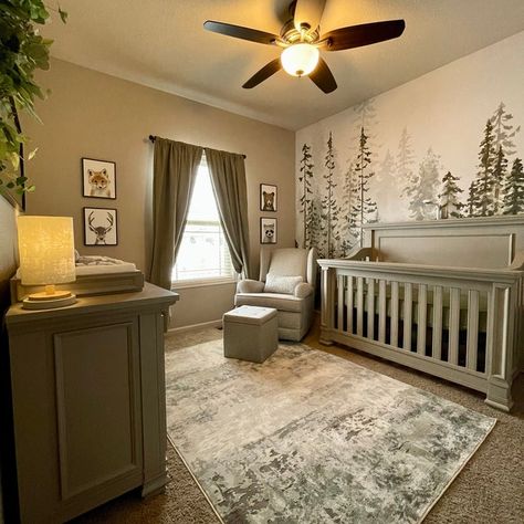 Nursery Ideas With Carpet, Gender Neutral Nursery Grey Crib, Brown Nursery Ideas, Dark Wood Nursery, Gray Gender Neutral Nursery, Gender Nursery, Brown Nursery, House Basement, Grey Crib