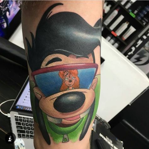 Goofy Movie Tattoo, Disney Tattoos For Men, Movie Tattoo Ideas, Yugioh Tattoo, American Traditional Sleeve, Max And Roxanne, Canada Tattoo, Disney Sleeve Tattoos, Disney Sleeve